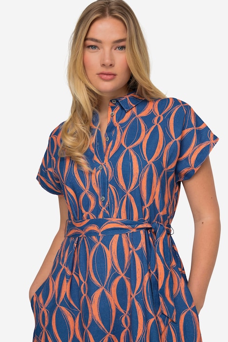 Leinenmix-Kleid, Allover Print, Hemdkragen, Taillengürtel, Halbarm