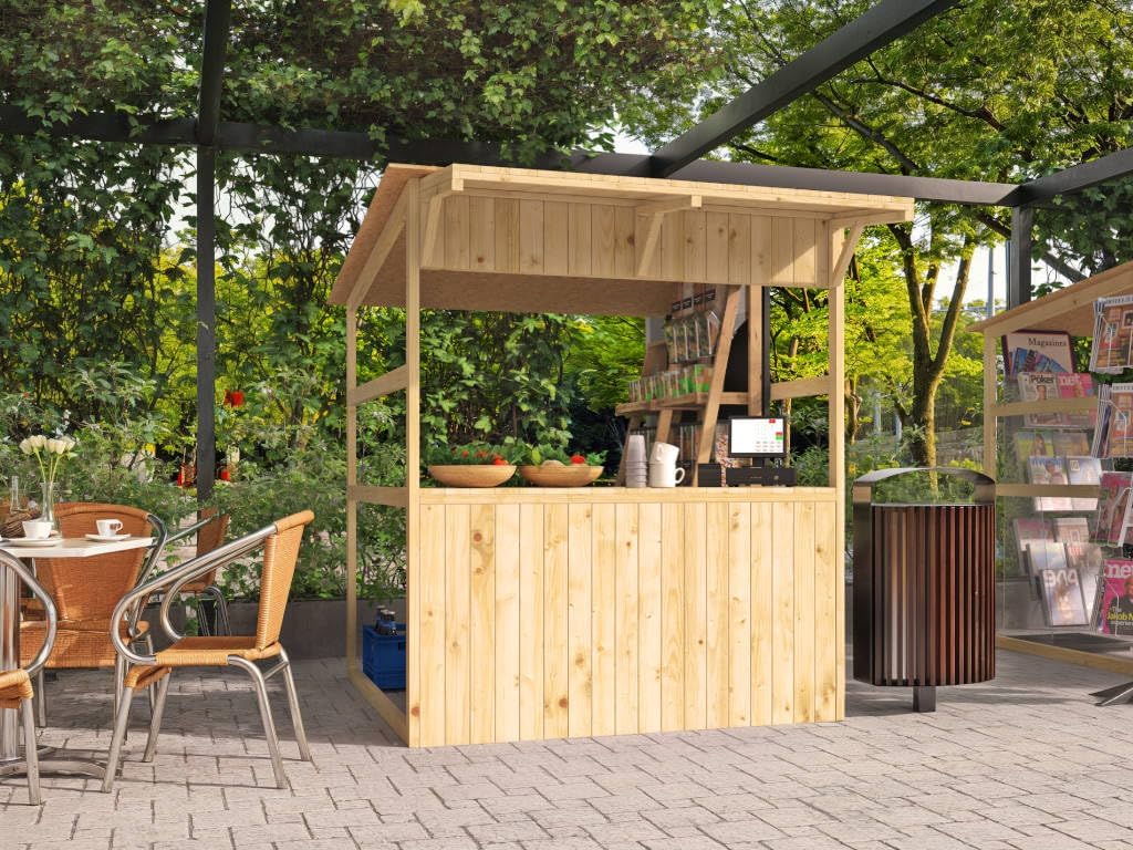 Anton Marktstand Gerätehaus, Marktbude Holz, Qualitäts Pultdach Fichte Verkaufsstand Holzhaus mit Theke, ohne Boden 170x180x200cm, multifunktionale Verkaufshütte mit großes Verkaufsfenster
