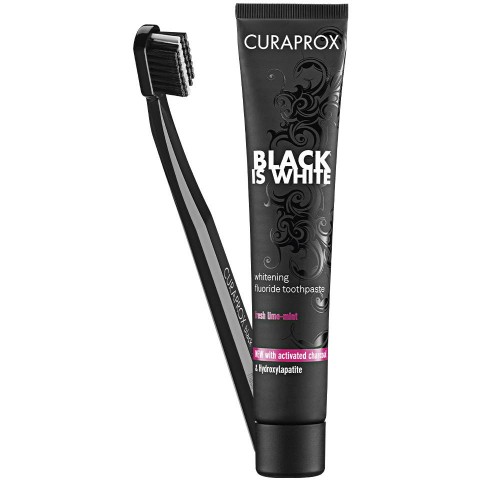 Curaprox Black Is White Pasta de Dentes 90ml   Escova de Dentes Preta Kit