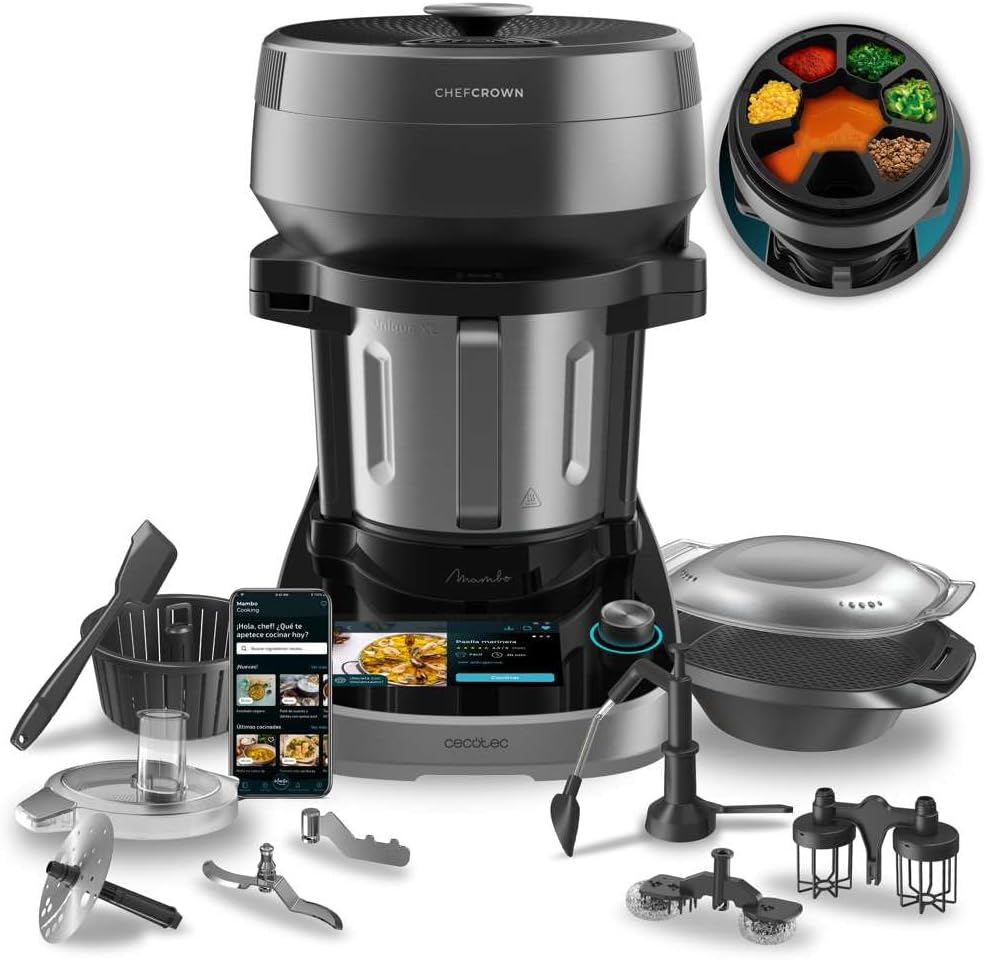 Cecotec Küchenroboter mit Lebensmittelspender Mambo CooKing Unique. 2200 W, 45 Funktionen, Tausende von geführten Rezepten, 5L Unique Krug, Zubehör: Dampfgarer oder Schöpflöffel für Eintöpfe