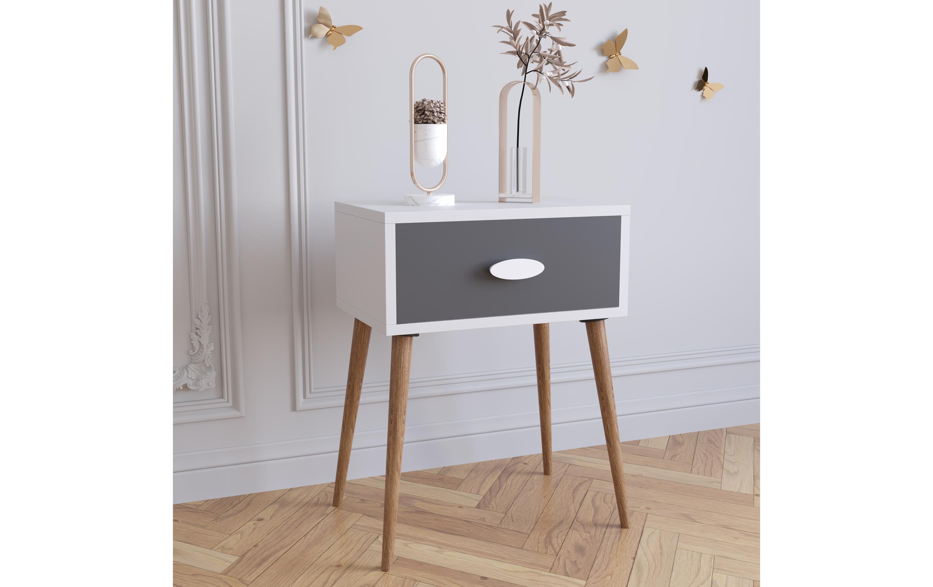 Nachttisch Singol L 44.5 x 60 cm, Anthrazit/Honig-EicheNachtschrank im Retro-Design