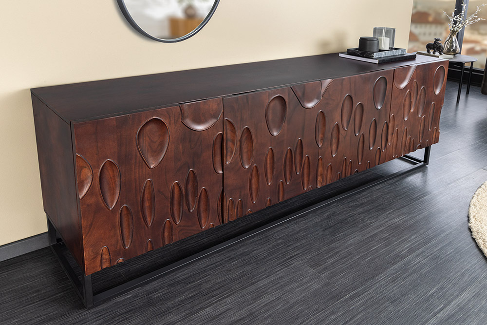 Massives Sideboard DUNE 175cm walnuss-braun Akazienholz 3D-Design schwarz Metall