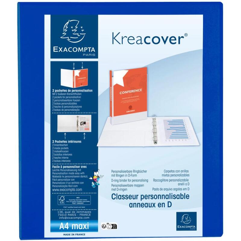 Classeur PP personnalisable Kreacover - 4 anneaux en D 30mm - A4 maxi - Bleu
