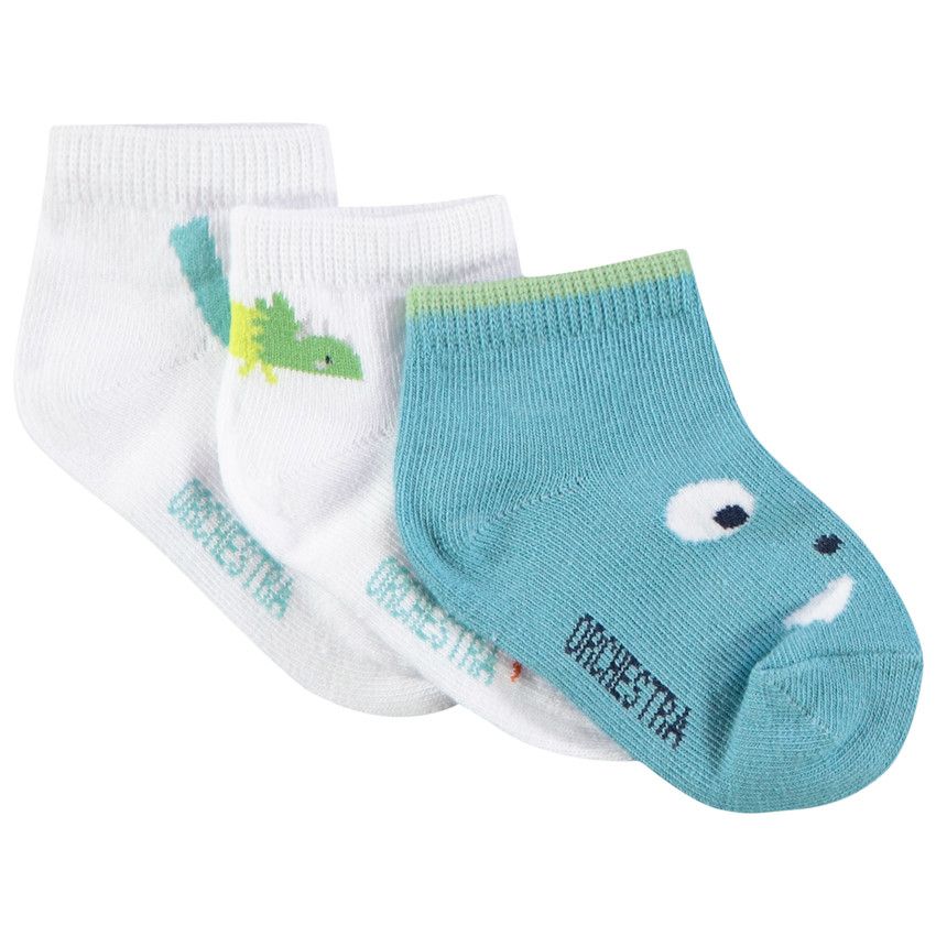 Lot de 3 paires de chaussettes courtes motifs dinosaures pour bébé garçon - Blanc