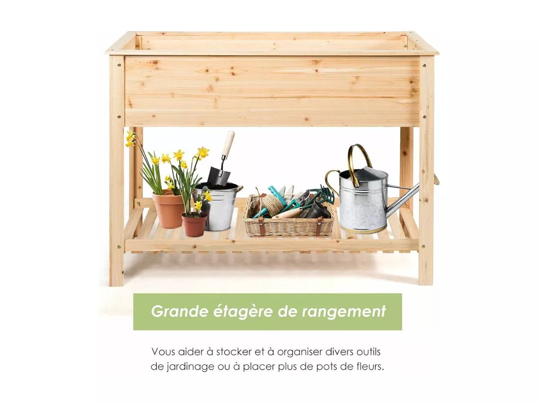 Jardinière Surélevé en Bois avec Étagère, Idéal pour la Croissance des Plantes, Fleurs, Végétaux, 92 x 41x 81 cm