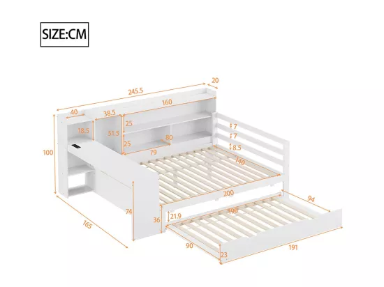 Lit gigogne 140x200 avec bureau étagères compartiments de rangement et étagères avec prises de courant lit double en bois Blanc
