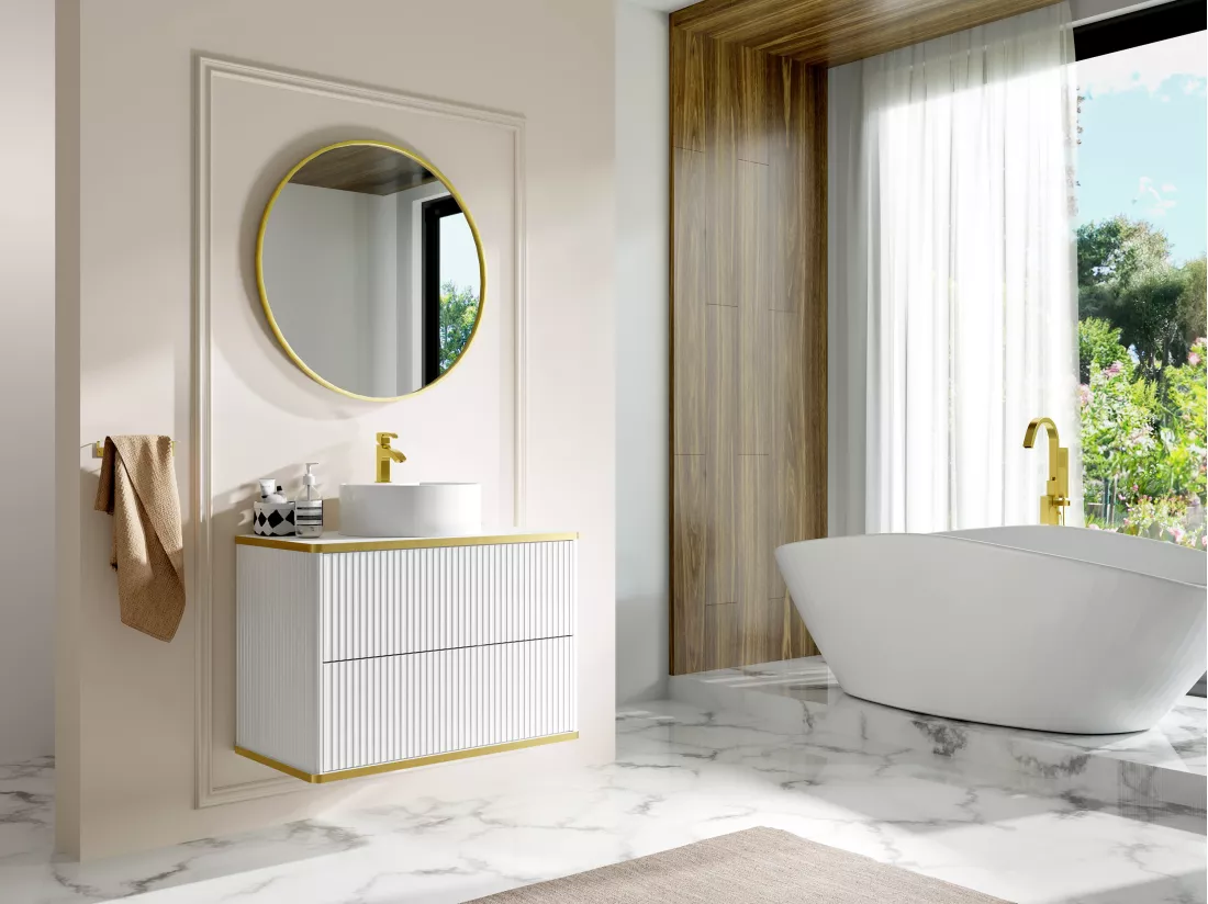 Meuble de salle de bain suspendu strié liseré doré avec vasque à poser ronde - Blanc - 80 cm - KELIZA