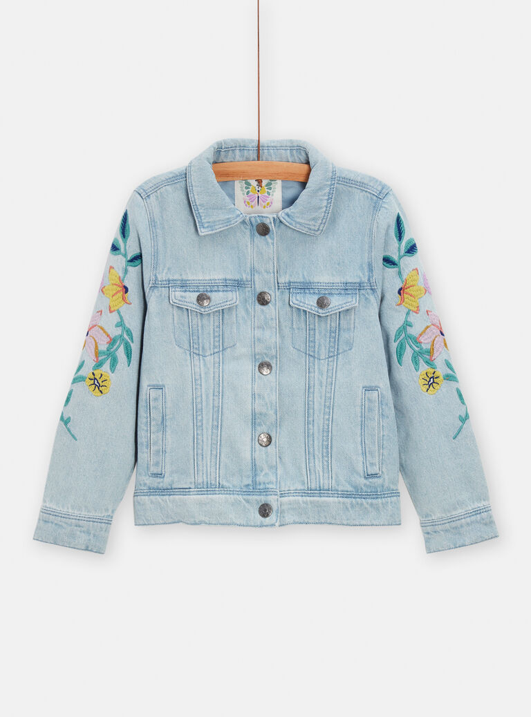 Veste en jean clair avec broderies fleuries pour fille
