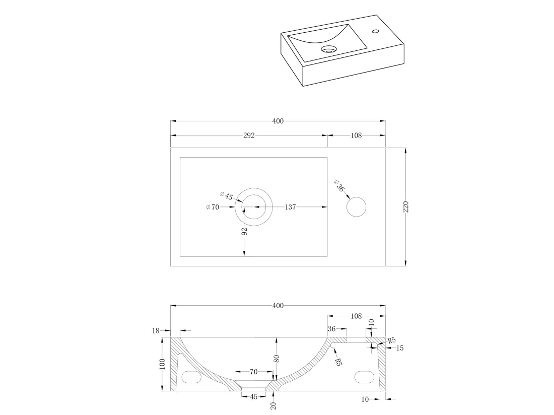 Lave main suspendu en béton avec support - Robinetterie à droite - L40 x l22 cm - UCHAMI