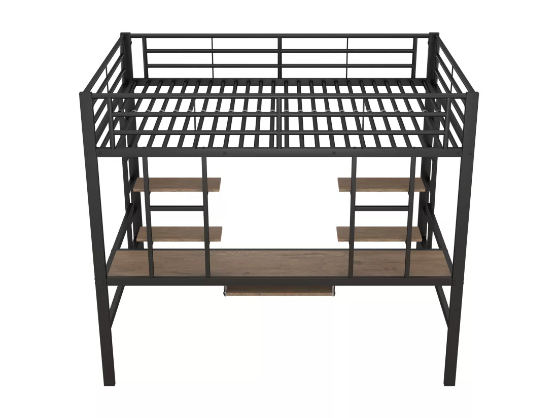 Lit mezzanine 140x200cm pour enfants - Cadre de lit en fer lit surélevé avec bureau pour étude et 2 étagères - noir