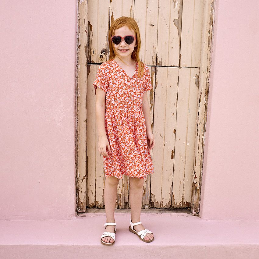 Robe manches courtes effet cache-cœur imprimé fleuri pour fille - Rouge