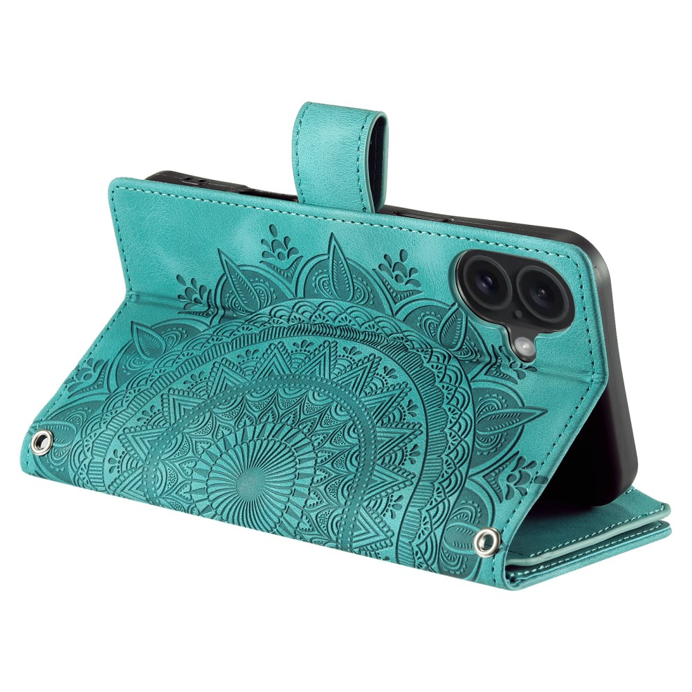 iPhone 16 Leder Tasche Flip Cover mit Reissverschluss - Mandala Flowers Imprint - Türkis
