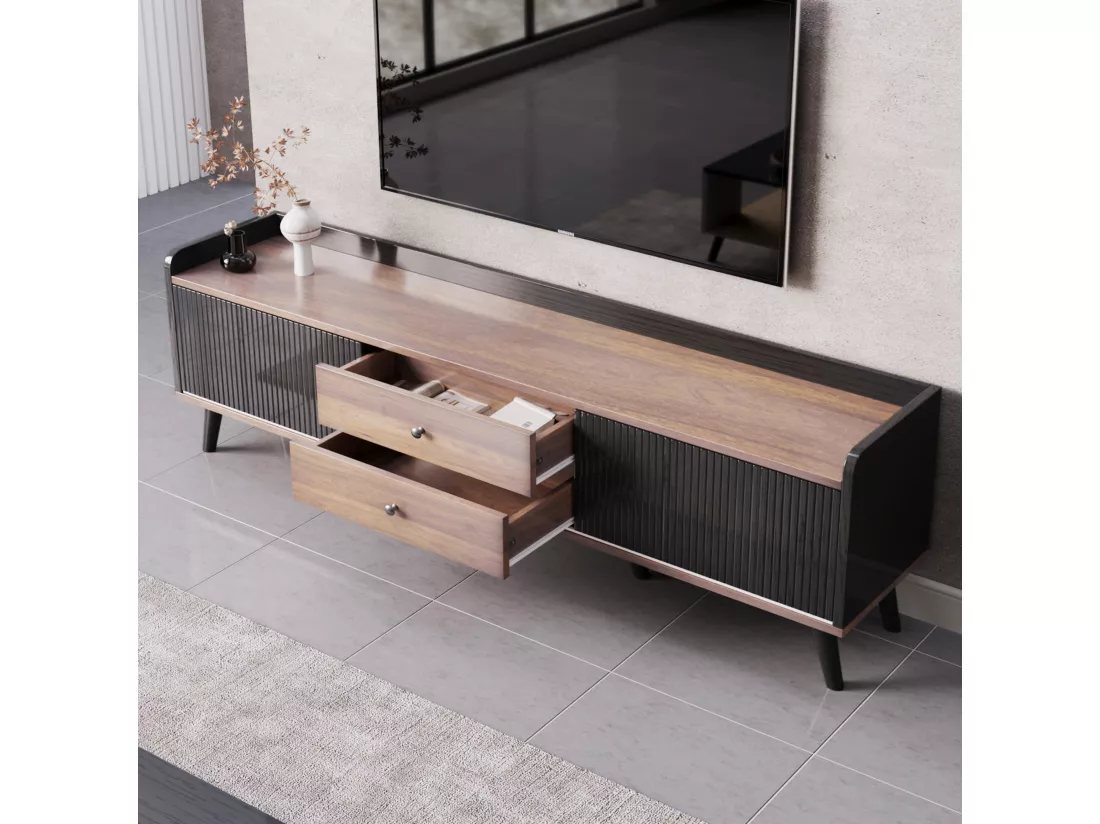 Meuble TV effet bois et noir avec 2 tiroirs au central et 2 portes coulissantes H58/L160/P40cm UNGRUDS