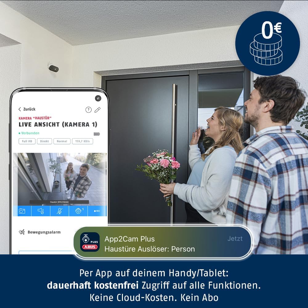 ABUS Akku-Kamera Pro mit Basisstation (PPIC91000) – Smarte kabellose Überwachungskamera mit Weißlicht-LED