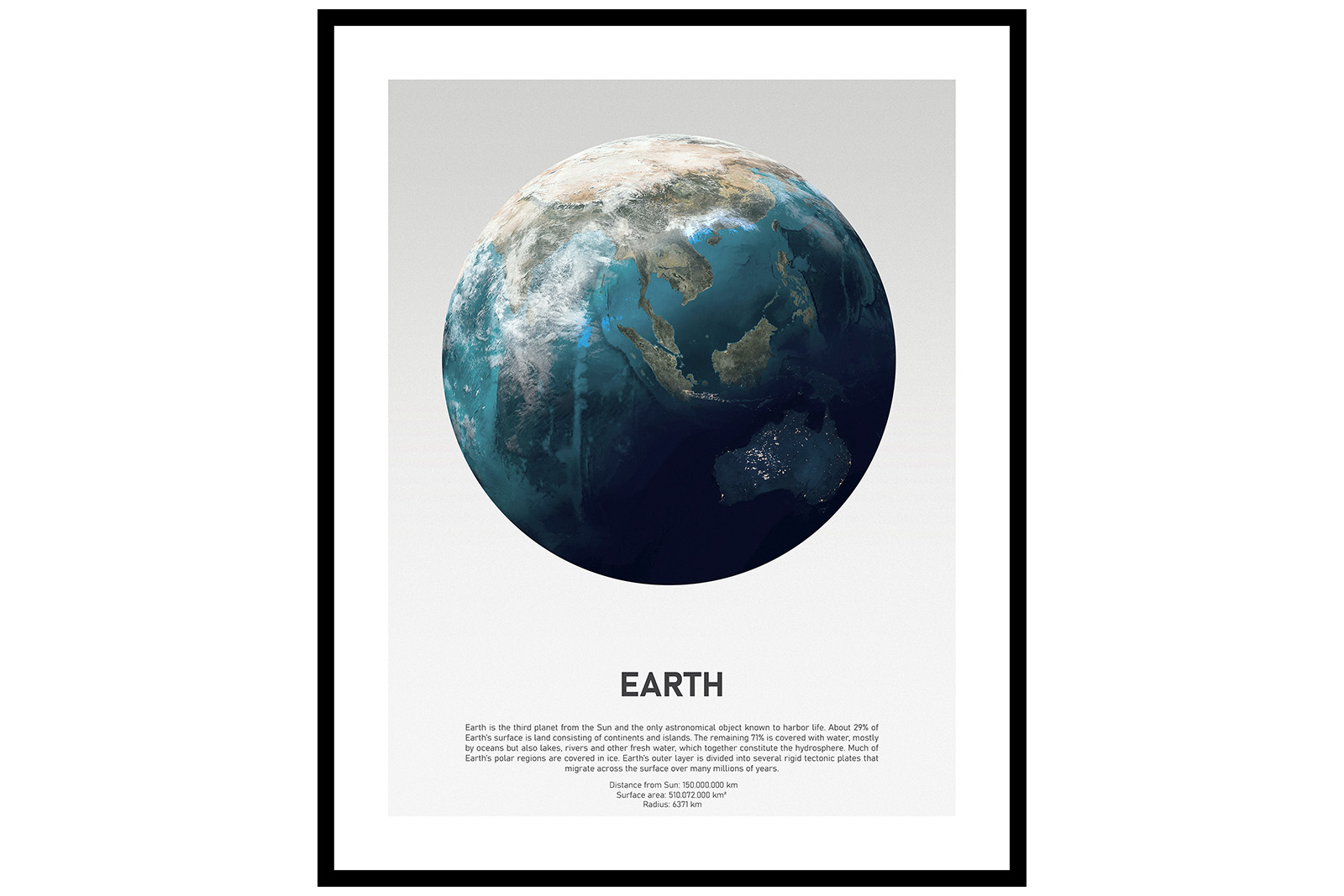 Newline Earth Light bilde Poster av jordkloden med sort ramme. 40x50 cm