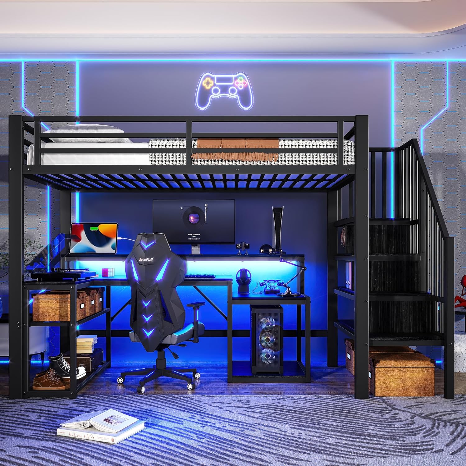 Kinderbett Hochbett 90x200 cm,Metallbett mit LED-Lichtleiste und USB-Anschluss,mit Treppe und Rausfallschutz,Treppenkonstruktionen mit Stauraum,Jugendbett,Spielbett,ohne Matratze (Schwarz, 90×200cm)