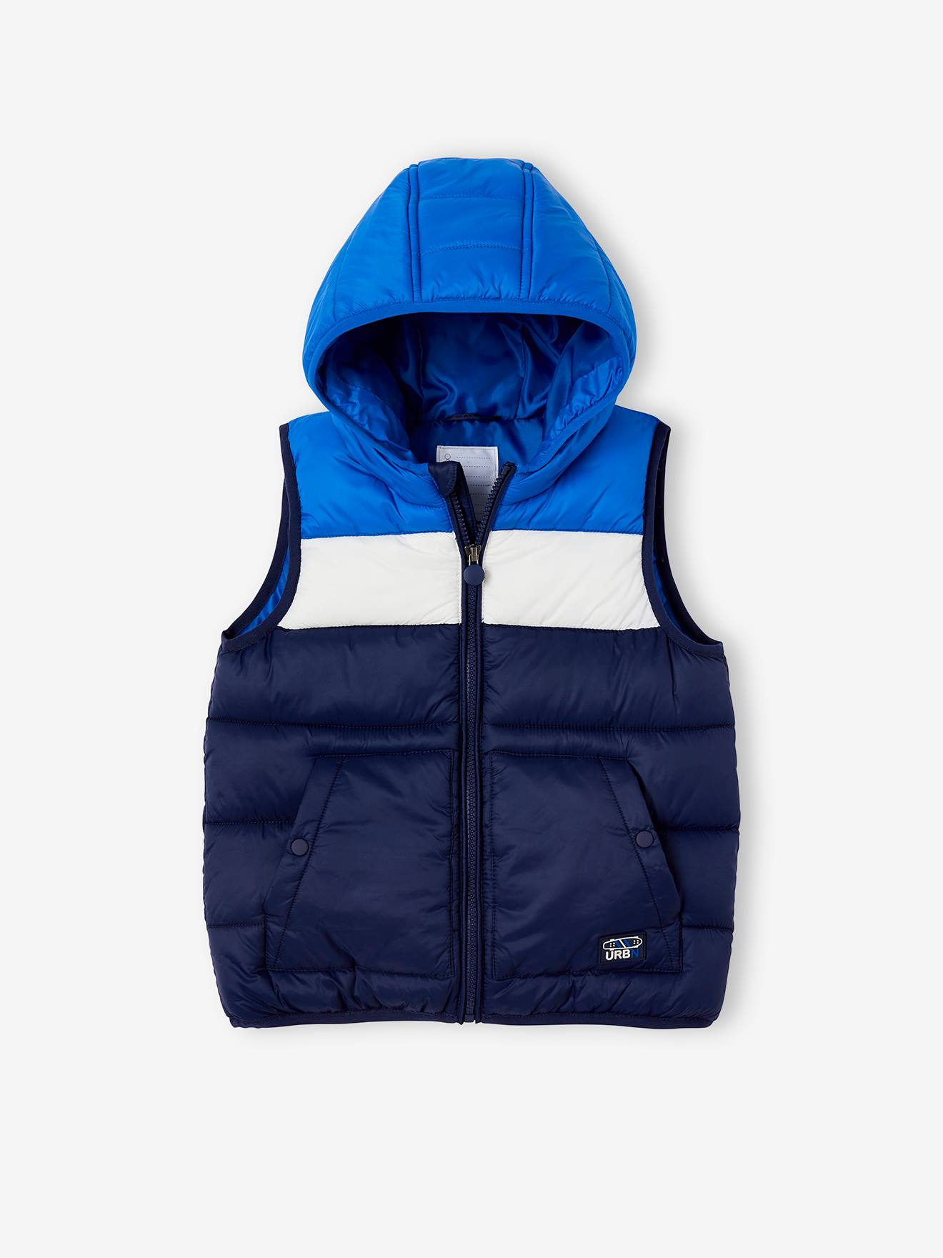 Colete acolchoado com capuz em blocos de cores, para meninos, azul escuro