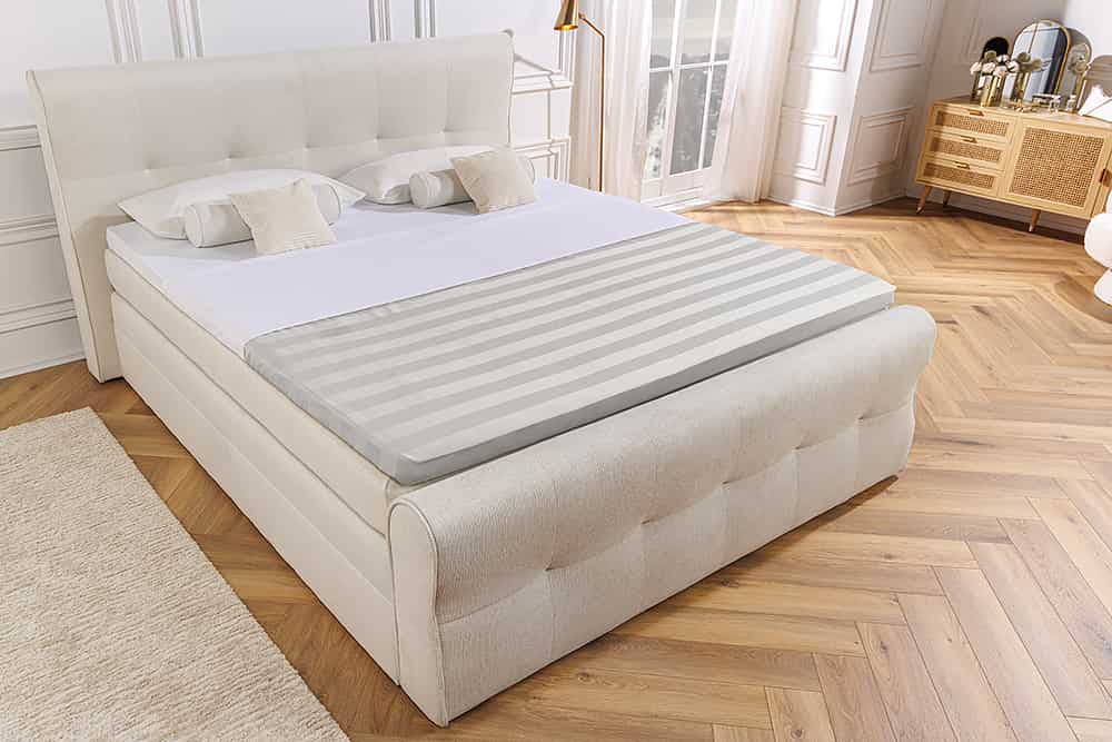 Design Boxspringbett SIGNUM 180x200cm creme Strukturstoff inkl. Stauraum Topper