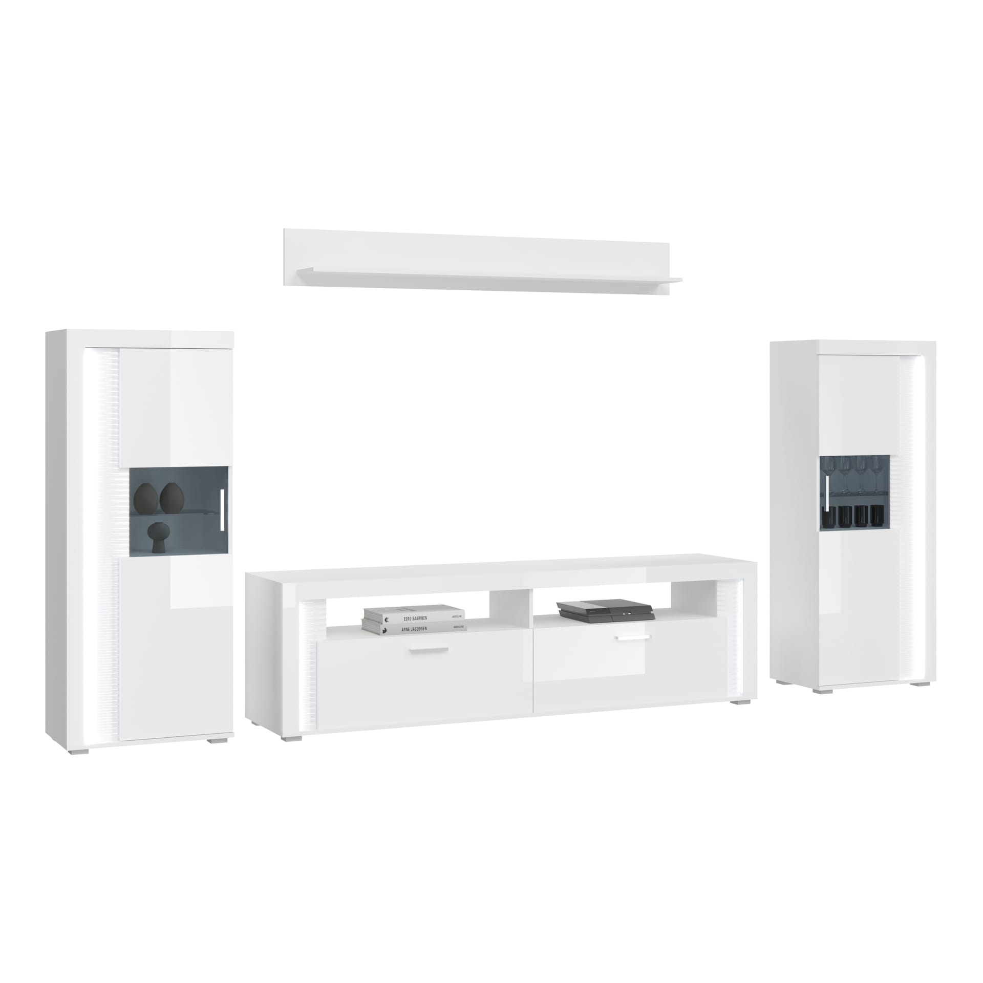 Wohnwand SKYLIGHT II 4-teilig 351x148 cm Weiß Hochglanz