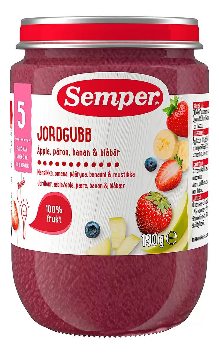 Semper Frugtpure m. jordbær, æble, pære, banan og blåbær 5  mdr Ø - 190 g.
