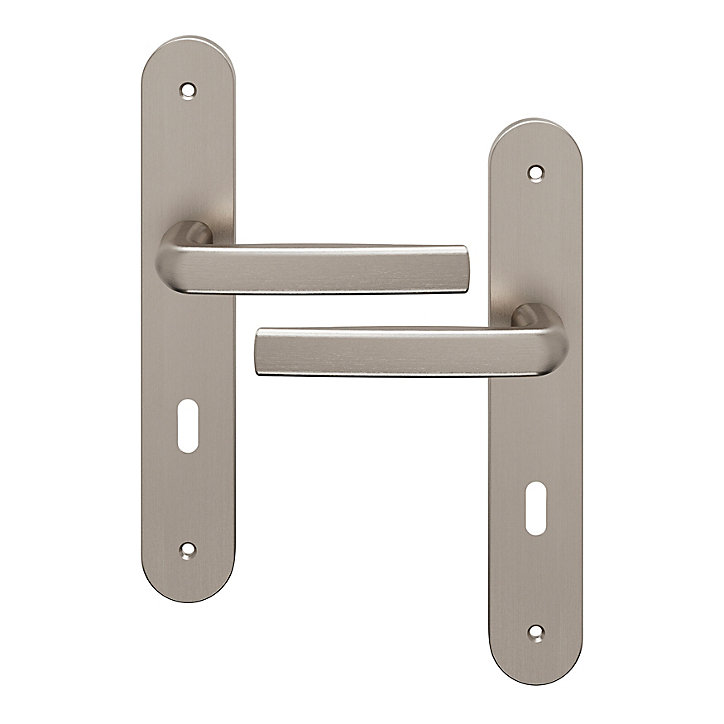 Ensemble poignée sur plaque Incurvé serrure GoodHome Primel effet nickel satin gris L.126mm x l.40mm entraxe 195mm
