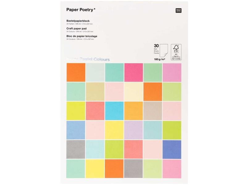 Rico Design Bastelpapier 1 Block à 30 Blatt, Pastellfarben Bastelblock im A4 Format