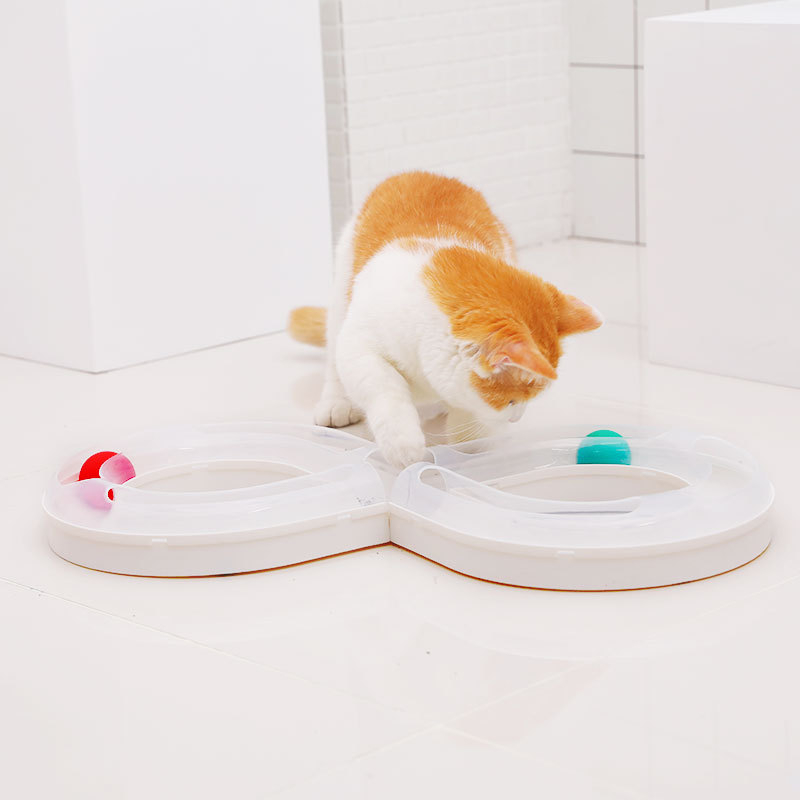 (51x25cm) Interaktives Katzen Spielzeug Kugelbahn Spiel Schiene mit Bällen - Weiss
