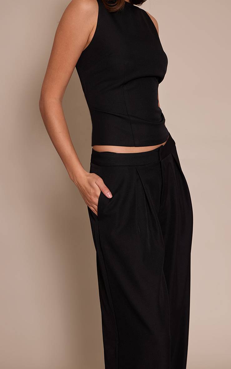 Noir Pantalon Large Taille Mi-haute Tissé Ajusté