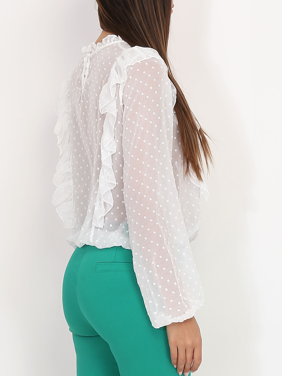 Blouse plumetis à volants- Blanc
