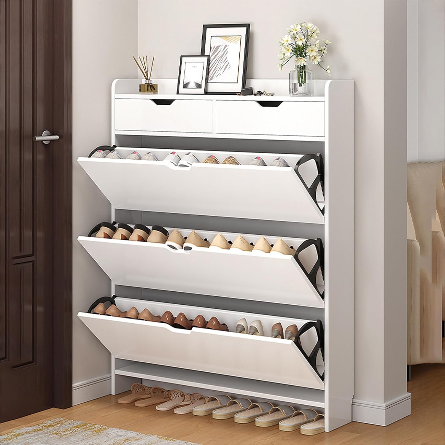 CLoxks Schuhschrank Weiss, Breit, Schuhkipper Und Aufbewahrung für Flur, Wohnzimmer, Balkon, Schlafzimmer