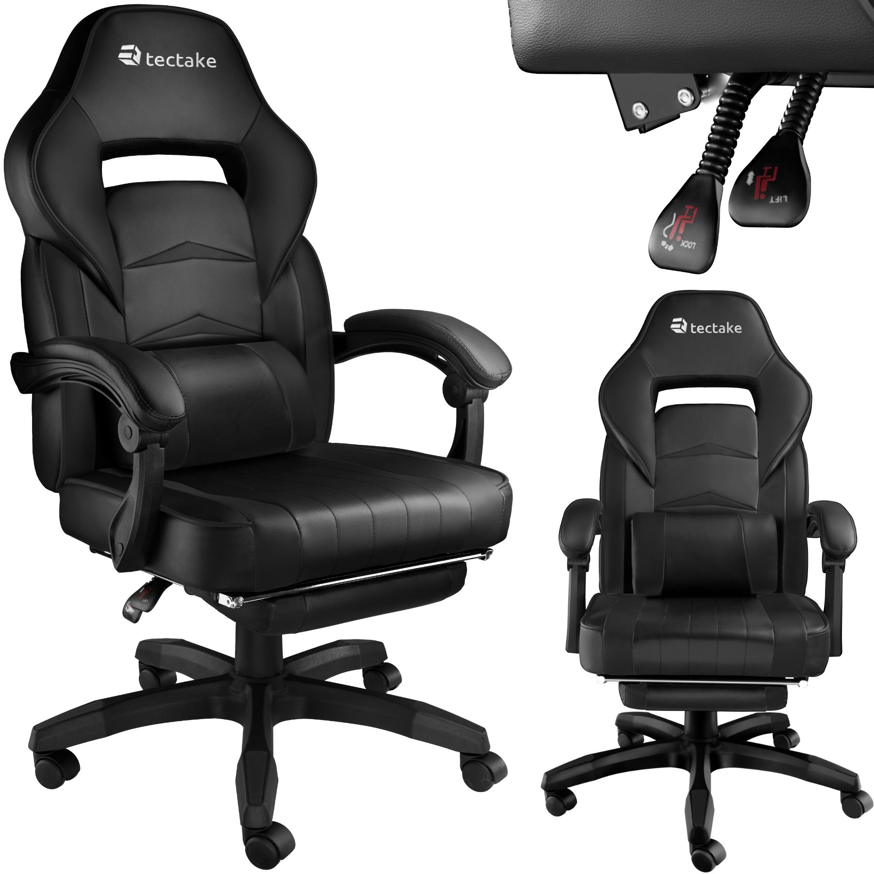 tectake® Racing Bürostuhl, ergonomische Form, mit Fußstütze und verstellbarer Rückenlehne, Kunstlederbezug, inklusive abnehmbarem Lendenkissen, inklusive Lendenkissen, Belastbarkeit 120 kg