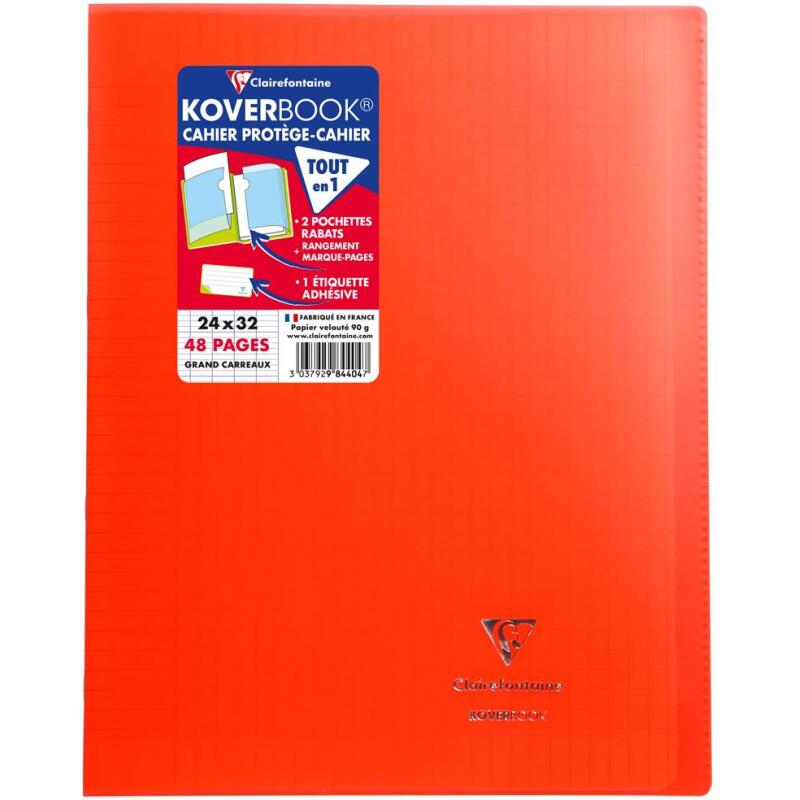Cahier piqué Koverbook 24x32cm 48 pages grands carreaux couverture polypropylène transparent - Rouge