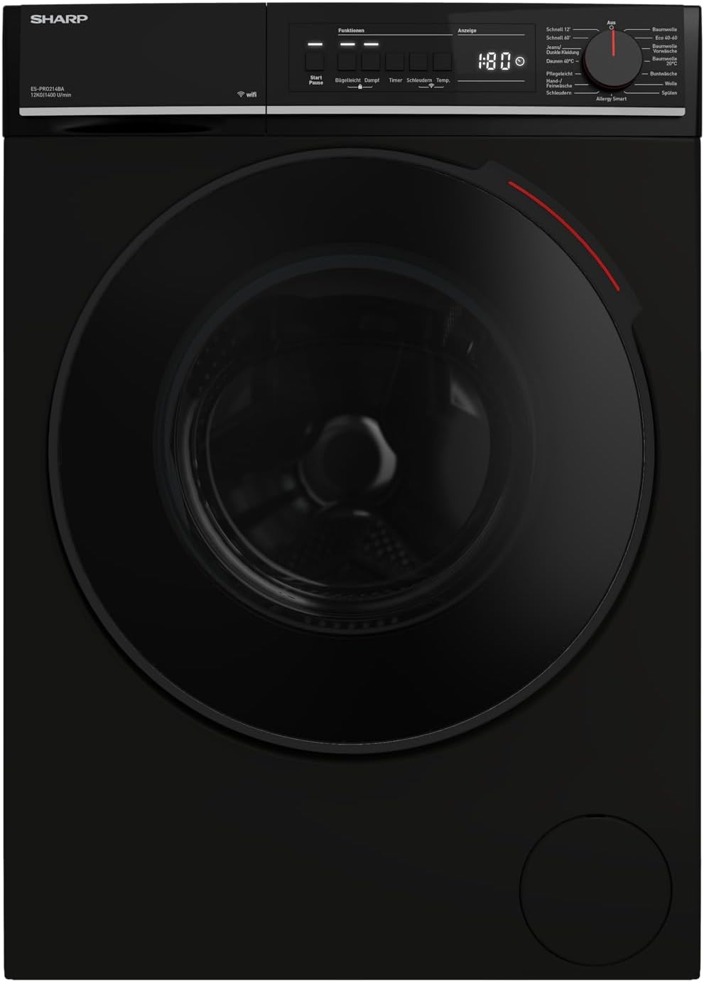 SHARP ES-PRO214BA-DE Waschmaschine Frontlader, 12kg, 1400U/min, Smarte Bedienung durch Veezy App, Dampffunktion, Inverter, 15 Programme, AquaStop, Schwarz