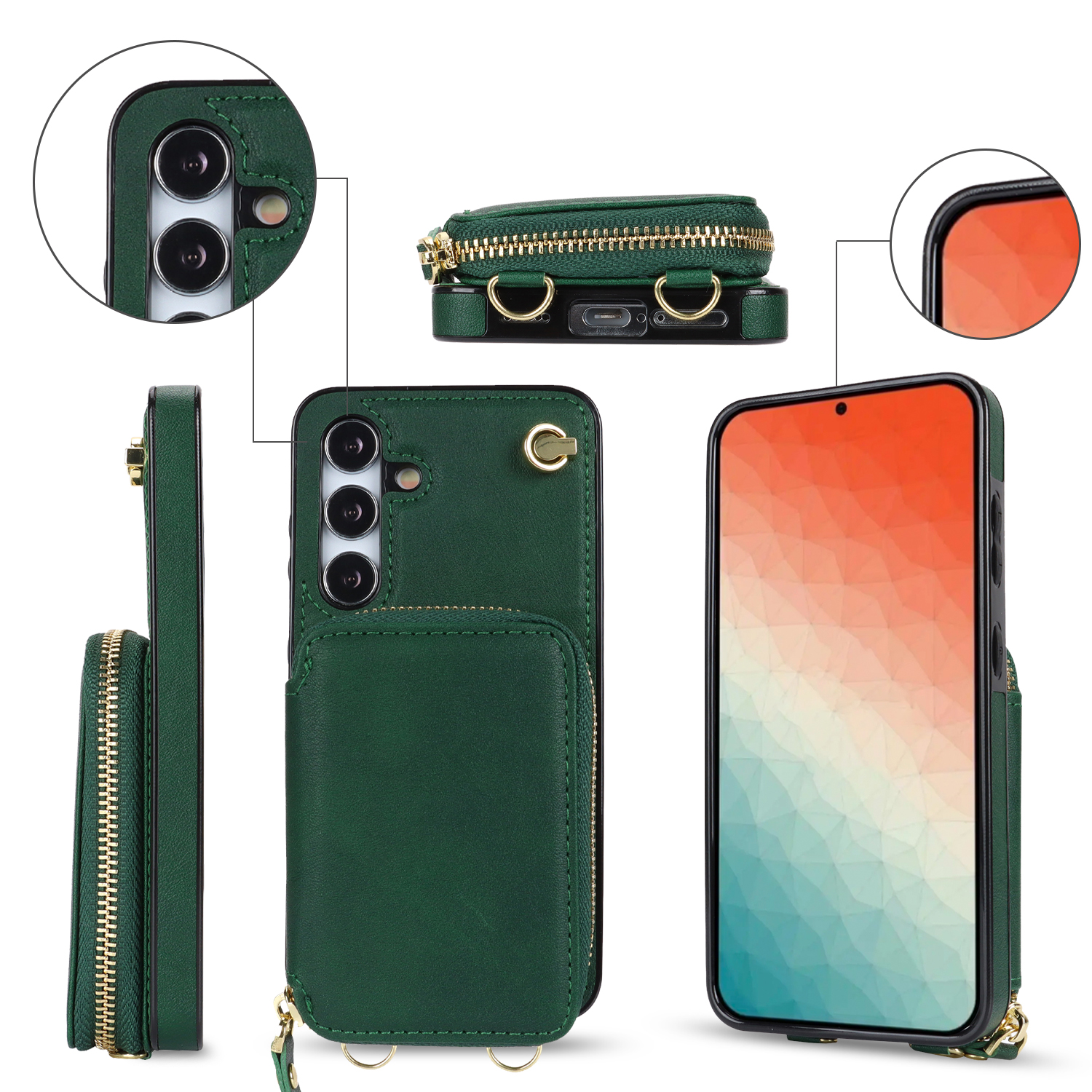 Samsung Galaxy S24 Necklace Leder Schutz Hülle mit Kartenfächer   Handykette (140cm) - Dunkelgrün