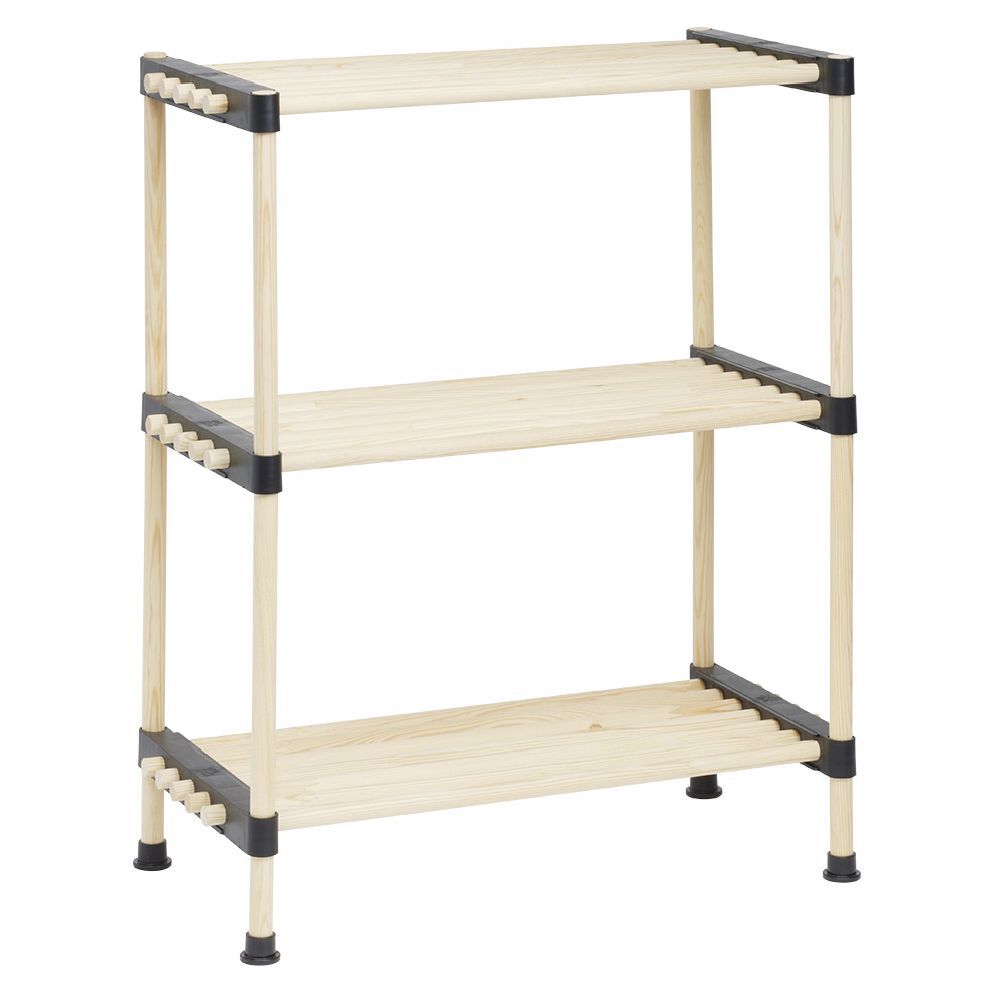 Étagere 3 niveaux bois beige et plastique noir - 40x28xH74,5cm