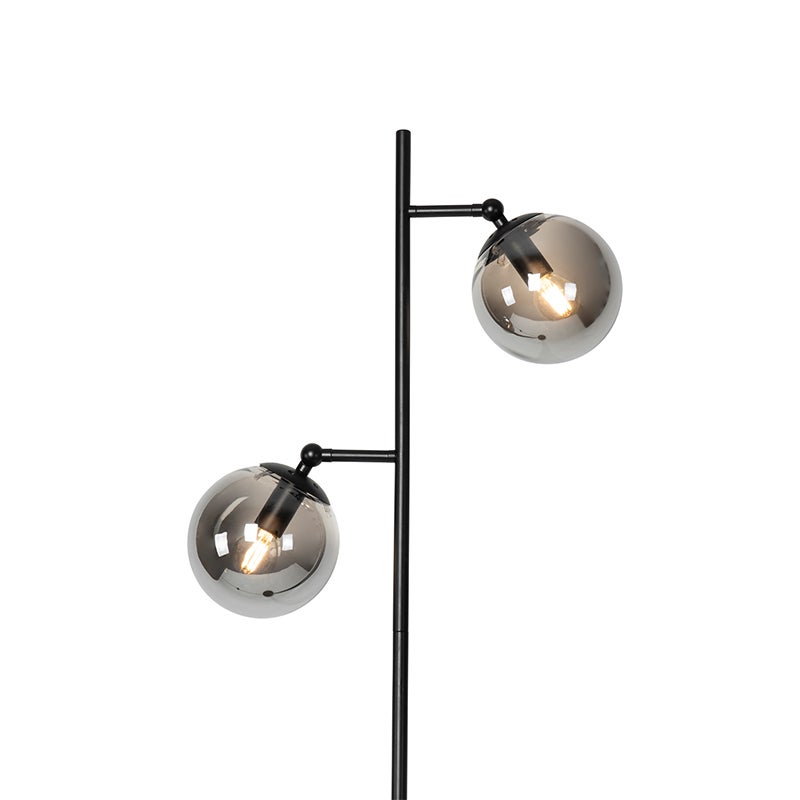 QAZQA - Art Deco vloerlamp | Staande lamp | Lamp | Licht, zwart met rookglas, 2-lichts - Pallon | Woonkamer | Slaapkamer - Staal, langwerpig - LED-compatibel, E14