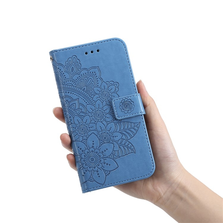 iPhone 16e Leder Tasche Wallet - Mandala Flowers Imprint - Blau