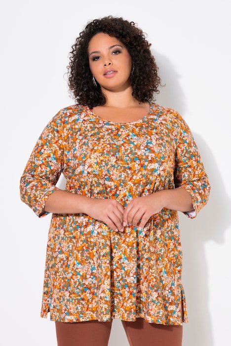 Longshirt, Blüten, A-Linie, Rundhals, 3/4-Arm
