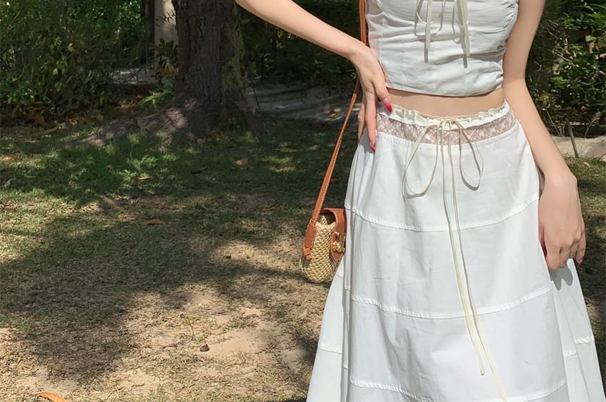 Egsy - Set: Effen crop top met strik en camisole + A-lijn rok met kanten rand en middelhoge taille