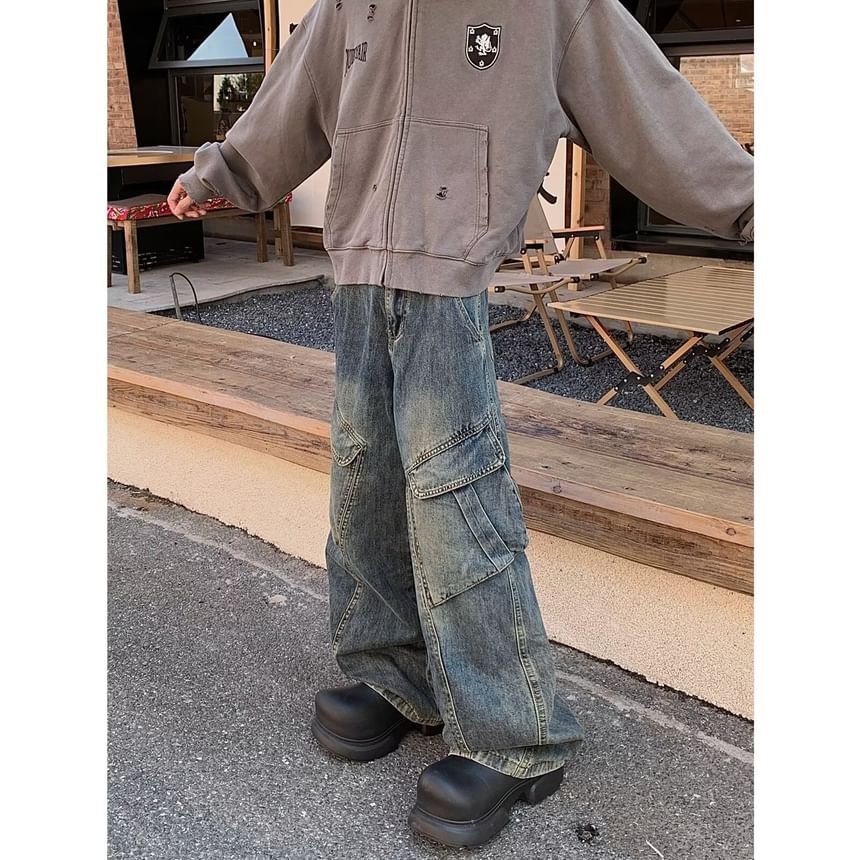 Kenning - Low Waist Washed Wide Leg Cargo Jeans
