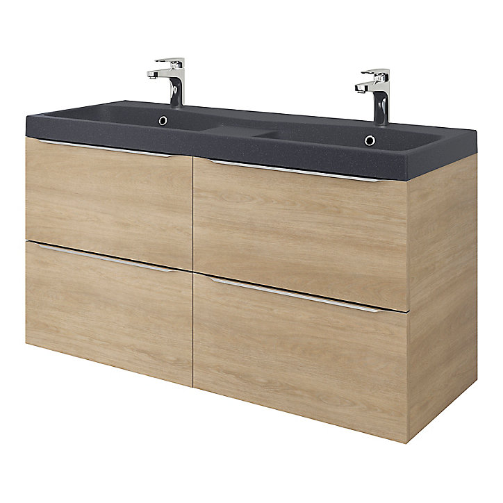 Meuble sous vasque à suspendre GoodHome Imandra bois chêne 120 cm + Plan double vasque noir GoodHome Mila 120 cm