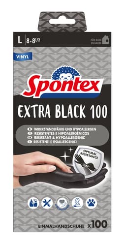 Spontex Extra Black Einmalhandschuhe aus Vinyl, ungepudert und latexfrei, in praktischer Spenderbox, Größe L, 100er Pack
