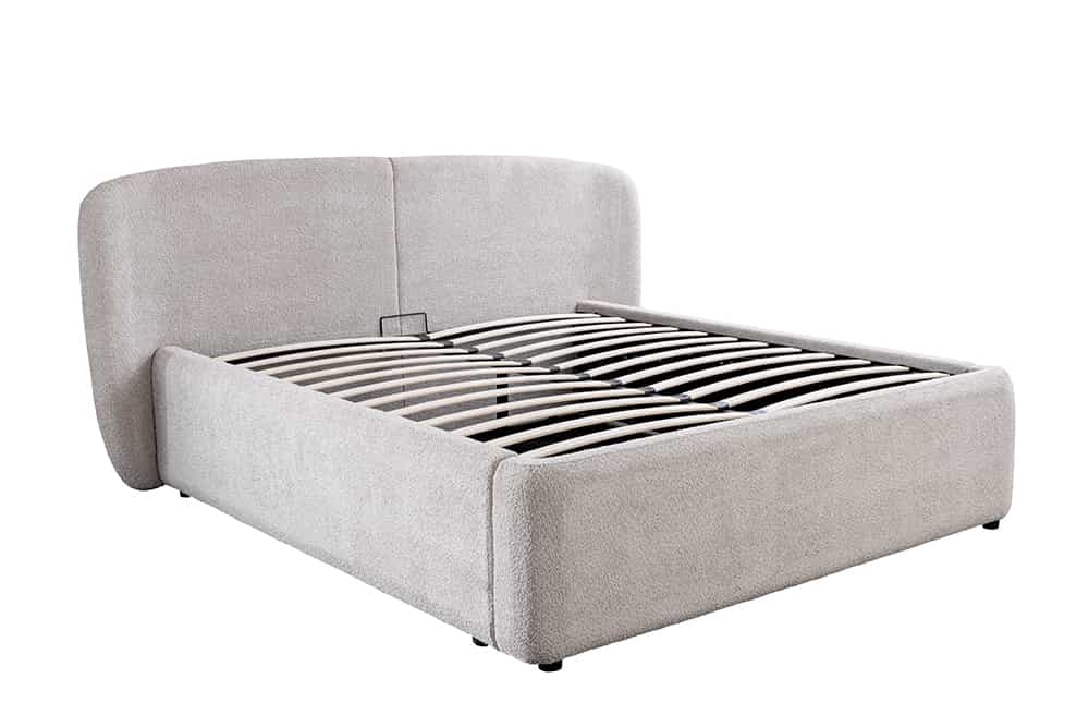 Modernes Boxbett ART DECO 160x200cm greige Bouclé mit Stauraum und Lattenrost