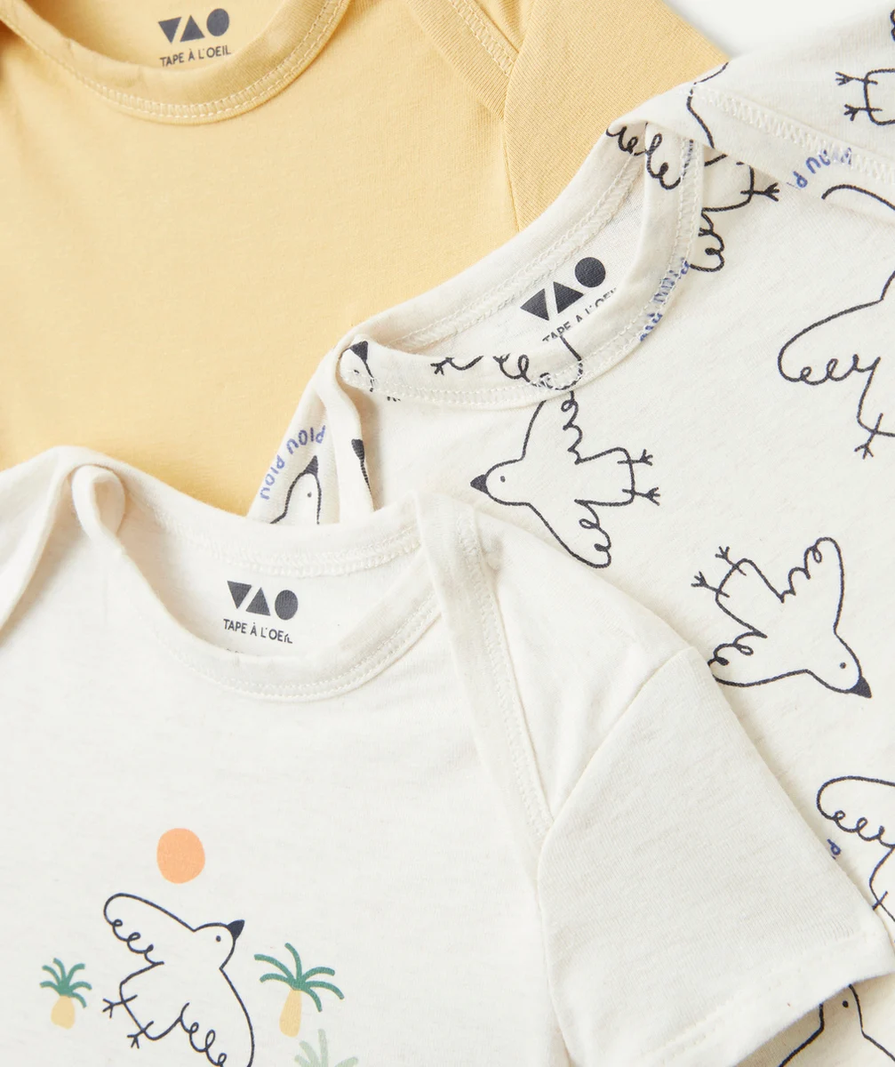 lot de 3 bodies bébé en coton bio uni jaune et imprimé thème oiseaux