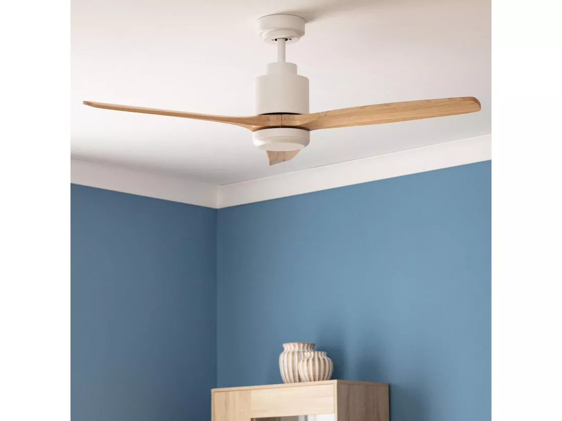 Ventilateur de Plafond Silencieux Mersin Bois & Blanc 132 cm Moteur DC Télécommande Sans lumière