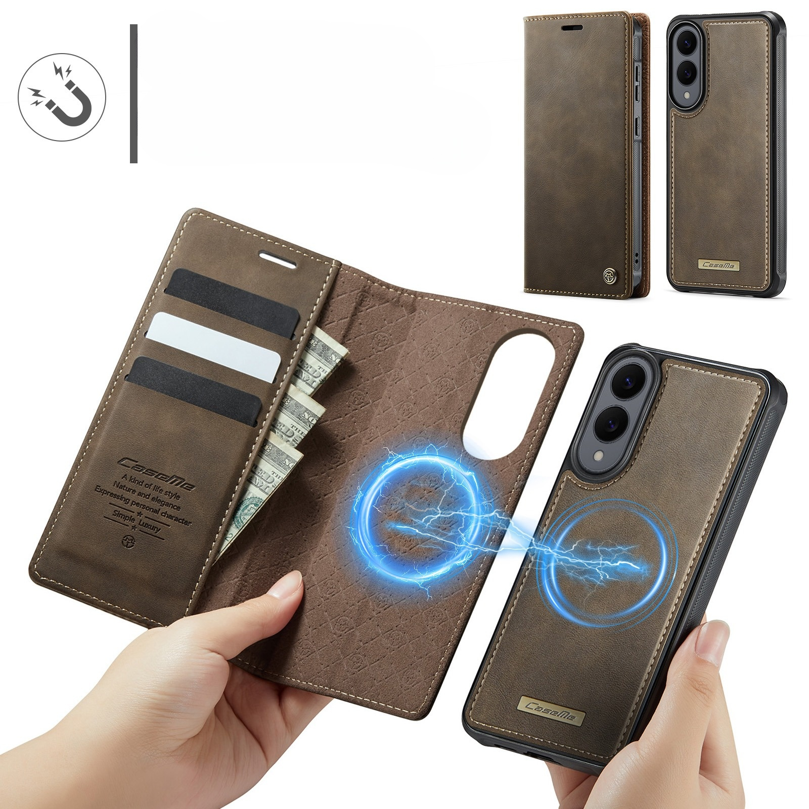 Samsung Galaxy S25 Edge 2in1 Leder Tasche   Magnet Hardcase Karten Etui MagSafe-Modul (RFID Schutz) - Braun
