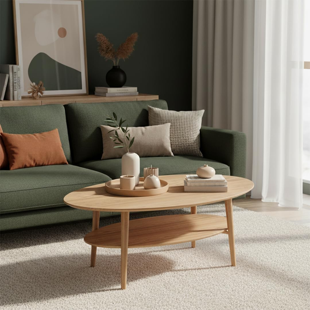 skølm Mjölnir Couchtisch oval – Wohnzimmertisch aus Eiche Massivholz – Sofatisch mit 2 Ablagen – kleiner Beistelltisch Natur geölt – Holztisch Wohnzimmer mit Stauraum – Coffee Tablen 70x110 cm