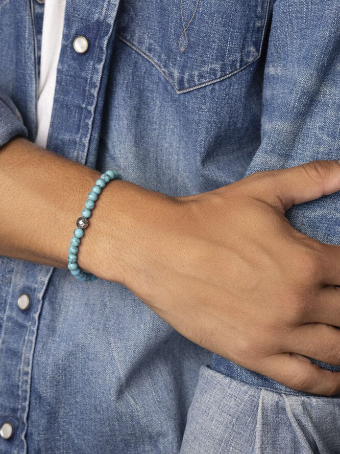 Nialaya Men's Wristband with Turquoise and Stainless Steel Blue