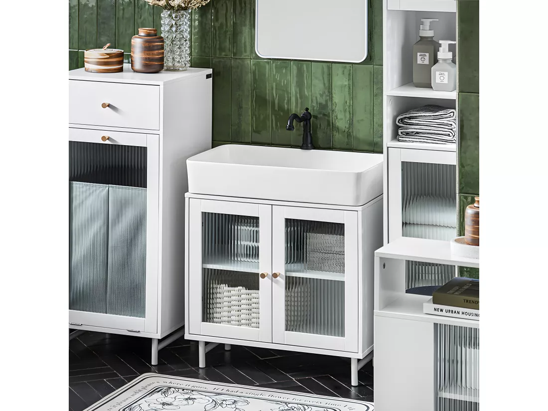 SoBuy BZR115-W Meuble sous Lavabo Salle de Bain, Meuble sous Évier, Armoire de Rangement pour Vasque sur Pieds avec 2 Portes en Verre, Blanc