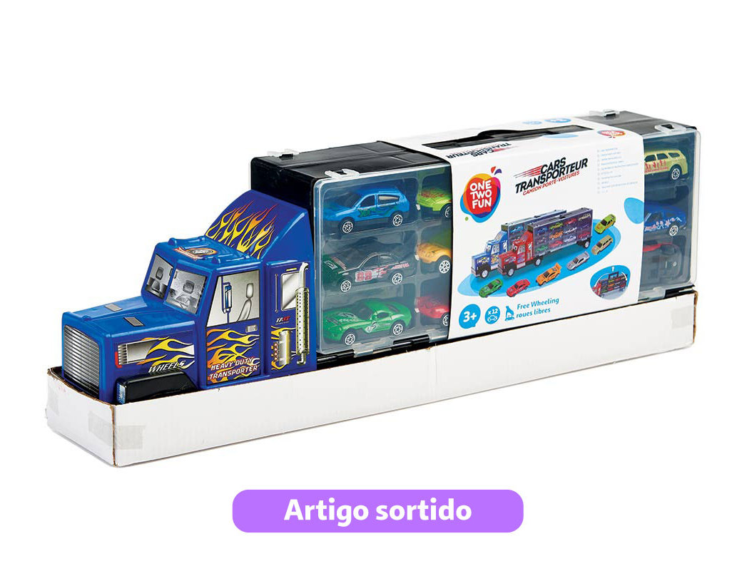 CAMIÃO DE TRANSPORTE COM 12 CARROS ONE TWO FUN MODELOS SORTIDOS